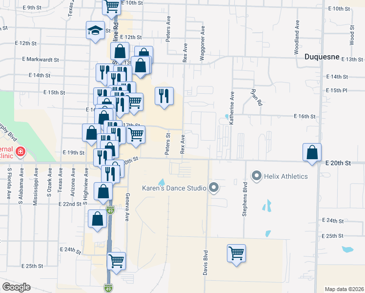map of restaurants, bars, coffee shops, grocery stores, and more near 1923 Rex Avenue in Joplin