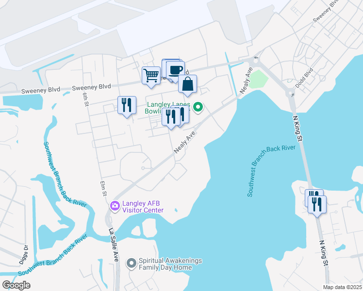 map of restaurants, bars, coffee shops, grocery stores, and more near Nealy Avenue in Hampton