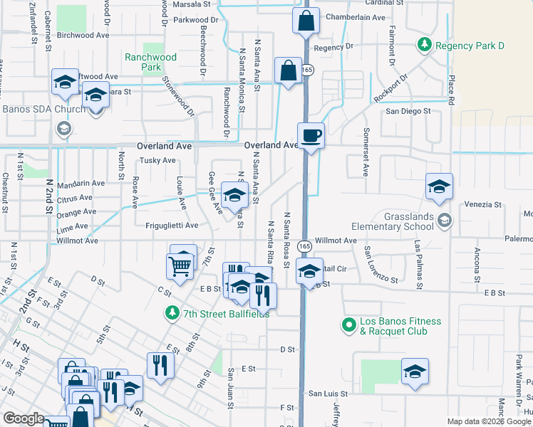 map of restaurants, bars, coffee shops, grocery stores, and more near 1212 Santa Cruz Way in Los Banos