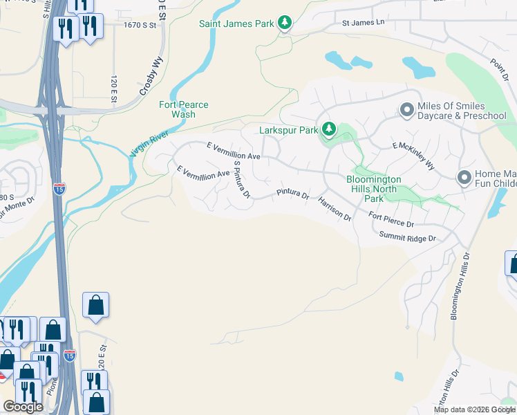 map of restaurants, bars, coffee shops, grocery stores, and more near 498 Paintbrush Way in St. George