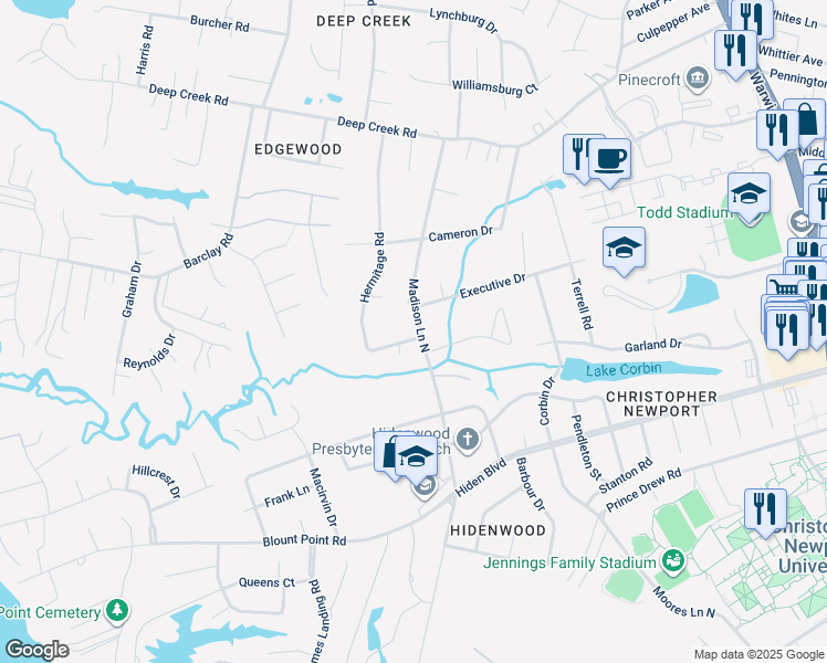 map of restaurants, bars, coffee shops, grocery stores, and more near 80 Hermitage Road in Newport News