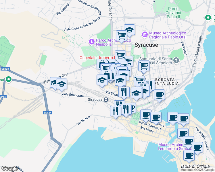 map of restaurants, bars, coffee shops, grocery stores, and more near 6 Via Sele in Siracusa