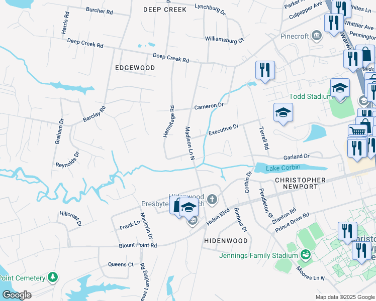 map of restaurants, bars, coffee shops, grocery stores, and more near 80 Hermitage Road in Newport News