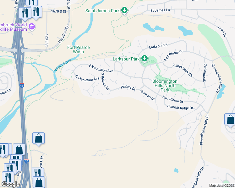 map of restaurants, bars, coffee shops, grocery stores, and more near Verbena Circle in St. George