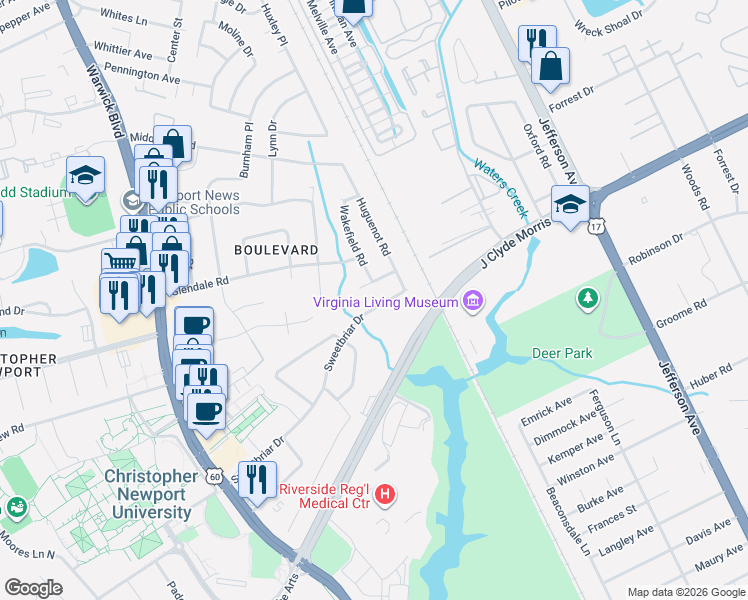 map of restaurants, bars, coffee shops, grocery stores, and more near 10 Marilea Circle in Newport News