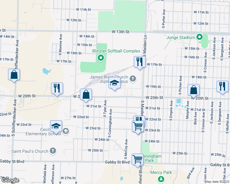map of restaurants, bars, coffee shops, grocery stores, and more near 1823 West 20th Street in Joplin