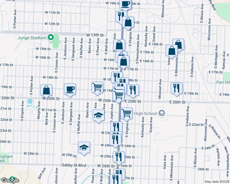 map of restaurants, bars, coffee shops, grocery stores, and more near 1831 S Joplin Ave in Joplin