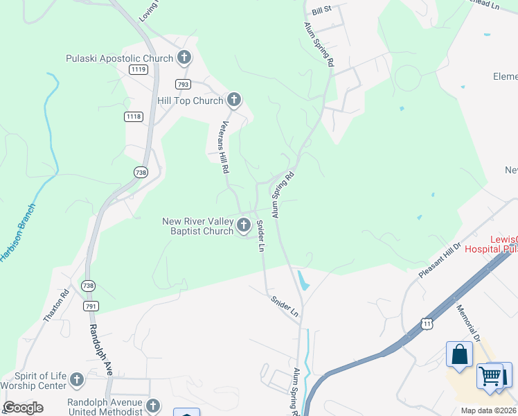 map of restaurants, bars, coffee shops, grocery stores, and more near 1998 Snider Lane in Pulaski