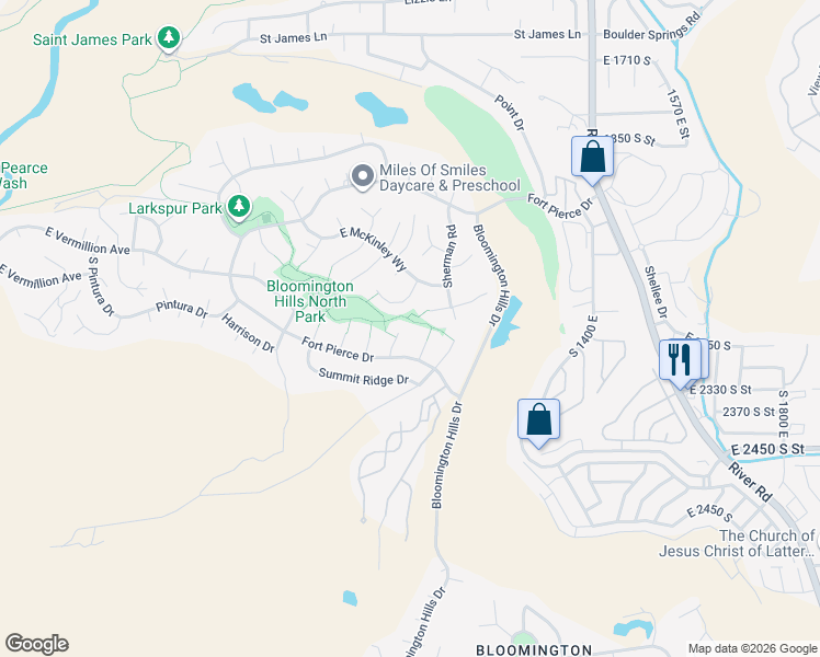 map of restaurants, bars, coffee shops, grocery stores, and more near 2267 Whipple Court in Saint George