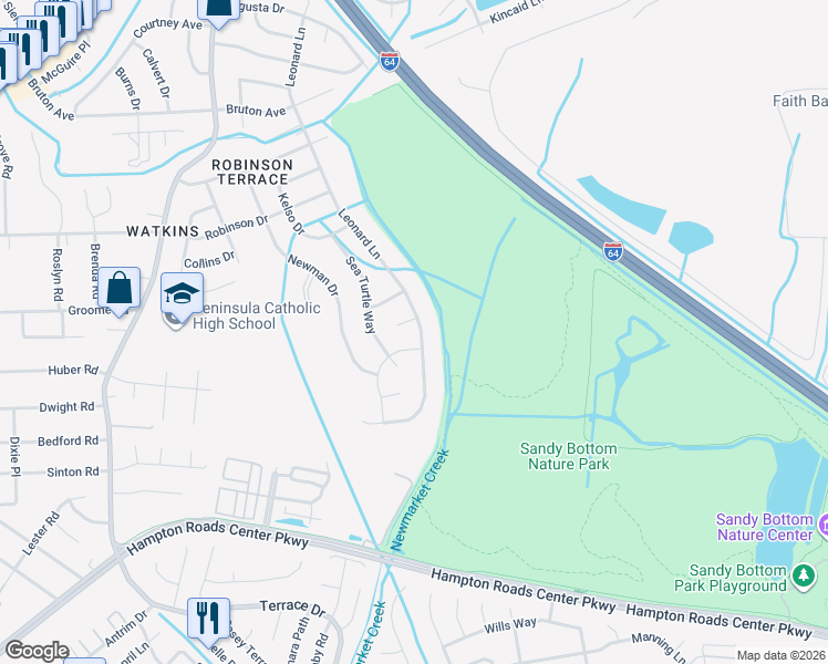 map of restaurants, bars, coffee shops, grocery stores, and more near 592 Leonard Lane in Newport News