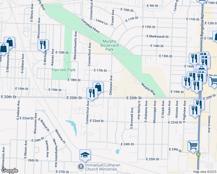 map of restaurants, bars, coffee shops, grocery stores, and more near 1801-1811 Delaware Ave in Joplin