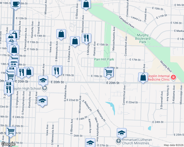 map of restaurants, bars, coffee shops, grocery stores, and more near 1816 Kansas Avenue in Joplin