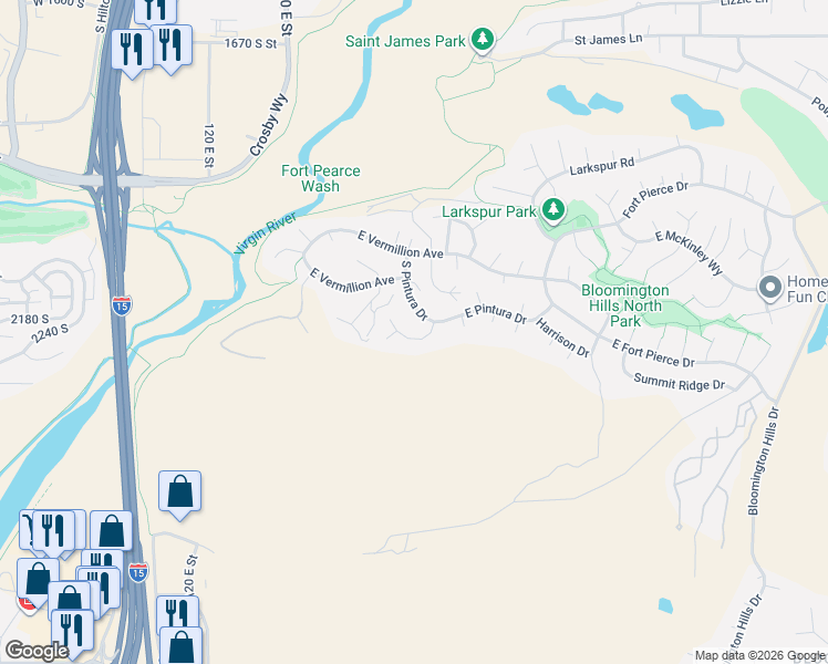 map of restaurants, bars, coffee shops, grocery stores, and more near Paintbrush Way in St. George