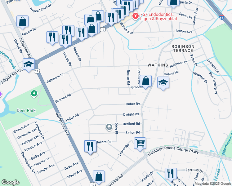 map of restaurants, bars, coffee shops, grocery stores, and more near 84 Pollard Drive in Newport News