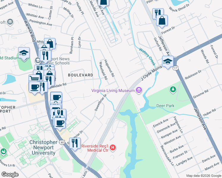 map of restaurants, bars, coffee shops, grocery stores, and more near 10 Marilea Circle in Newport News