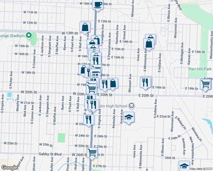 map of restaurants, bars, coffee shops, grocery stores, and more near 1826 South Pennsylvania Avenue in Joplin