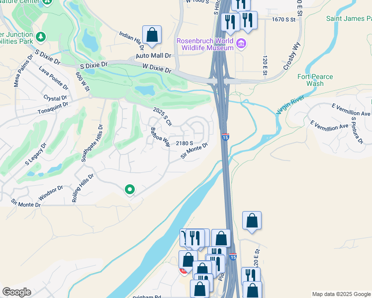 map of restaurants, bars, coffee shops, grocery stores, and more near 188 West Sir Monte Drive in St. George