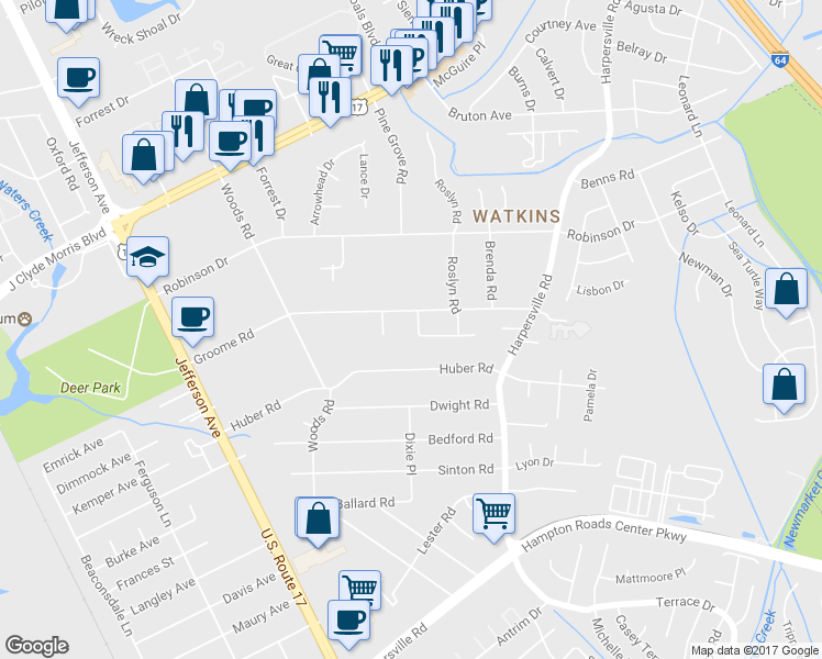 map of restaurants, bars, coffee shops, grocery stores, and more near 84 Pollard Drive in Newport News
