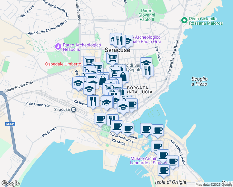 map of restaurants, bars, coffee shops, grocery stores, and more near 86 Via Re Ierone II in Siracusa