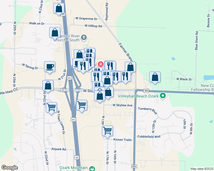 map of restaurants, bars, coffee shops, grocery stores, and more near 1659 State Highway J in Ozark