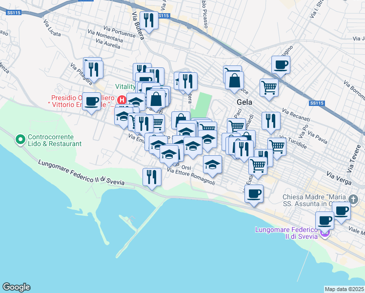 map of restaurants, bars, coffee shops, grocery stores, and more near 49 Via Palazzi in Gela