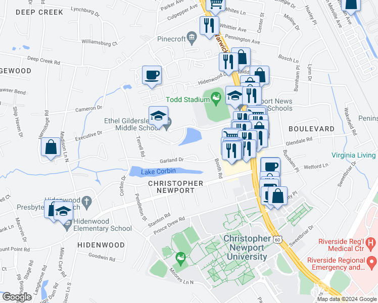 map of restaurants, bars, coffee shops, grocery stores, and more near 14 Garland Court in Newport News