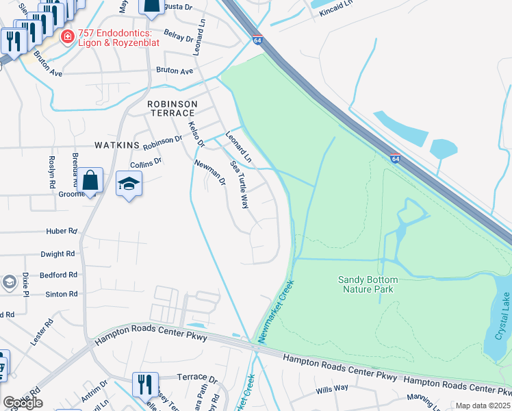 map of restaurants, bars, coffee shops, grocery stores, and more near 250 Hingeback Circle in Newport News