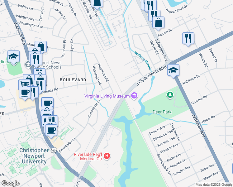 map of restaurants, bars, coffee shops, grocery stores, and more near 46 Huguenot Road in Newport News