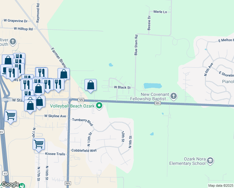 map of restaurants, bars, coffee shops, grocery stores, and more near 5552 North White Street in Ozark
