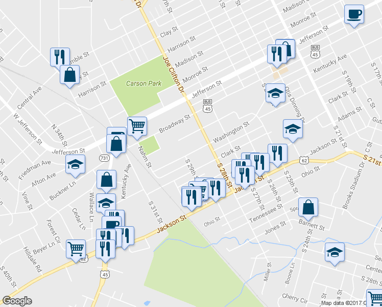map of restaurants, bars, coffee shops, grocery stores, and more near 2846 Washington Street in Paducah