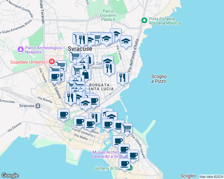 map of restaurants, bars, coffee shops, grocery stores, and more near 5 Via Gaetano Fuggetta in Syracuse