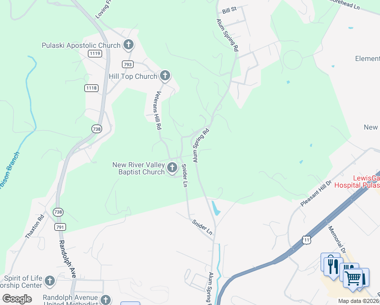 map of restaurants, bars, coffee shops, grocery stores, and more near 1998 Snider Lane in Pulaski