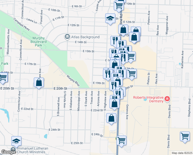 map of restaurants, bars, coffee shops, grocery stores, and more near 2802 E 18th St in Joplin