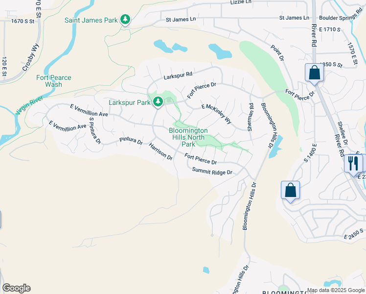 map of restaurants, bars, coffee shops, grocery stores, and more near 2285 Vermillion Avenue in St. George