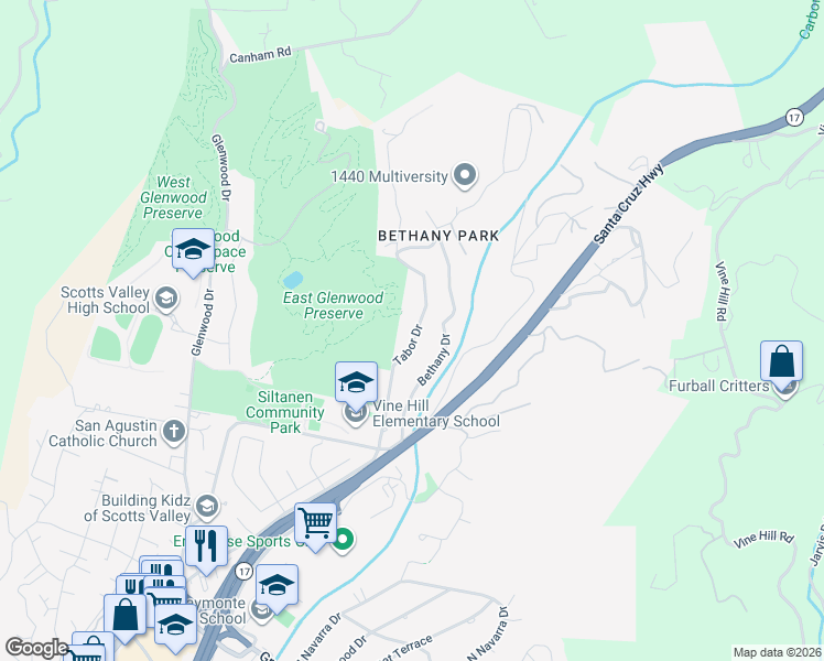 map of restaurants, bars, coffee shops, grocery stores, and more near 415 Tabor Drive in Scotts Valley