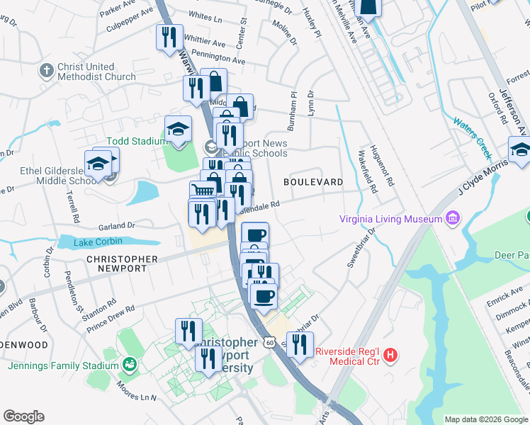 map of restaurants, bars, coffee shops, grocery stores, and more near 14 Glendale Road in Newport News