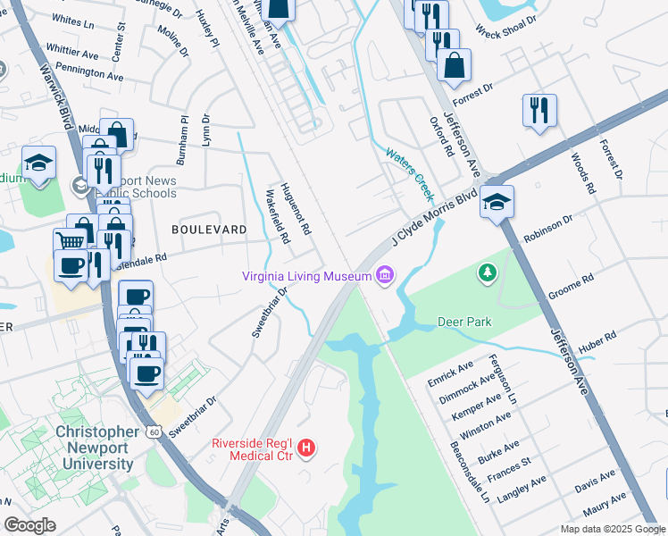 map of restaurants, bars, coffee shops, grocery stores, and more near 84 Sweetbriar Drive in Newport News