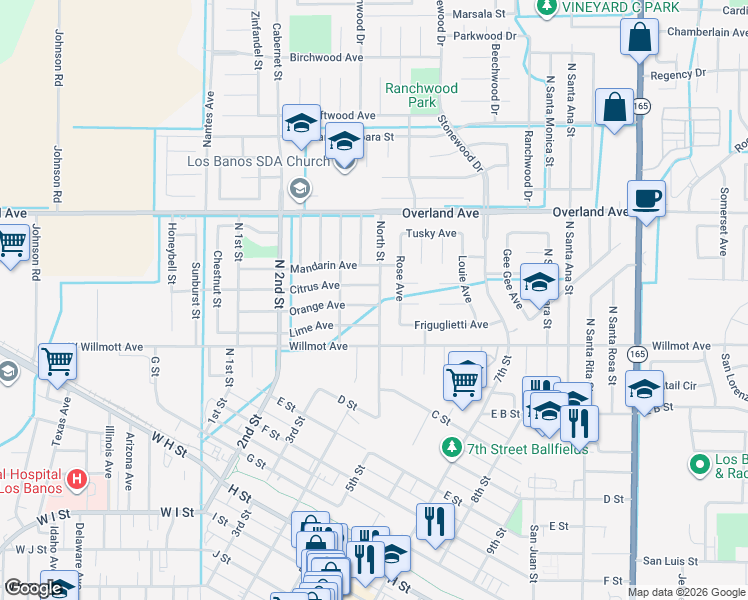 map of restaurants, bars, coffee shops, grocery stores, and more near 450 Orange Avenue in Los Banos