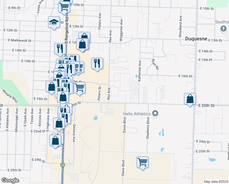 map of restaurants, bars, coffee shops, grocery stores, and more near 3505 East 20th Street in Joplin