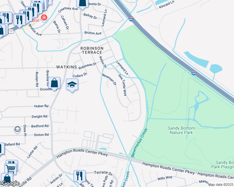 map of restaurants, bars, coffee shops, grocery stores, and more near 625 Newman Drive in Newport News
