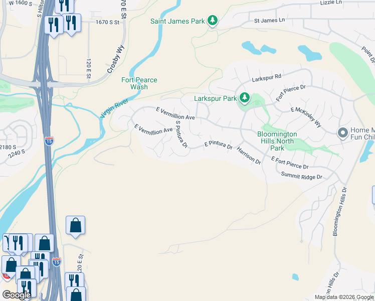map of restaurants, bars, coffee shops, grocery stores, and more near 497 Paintbrush Way in St. George