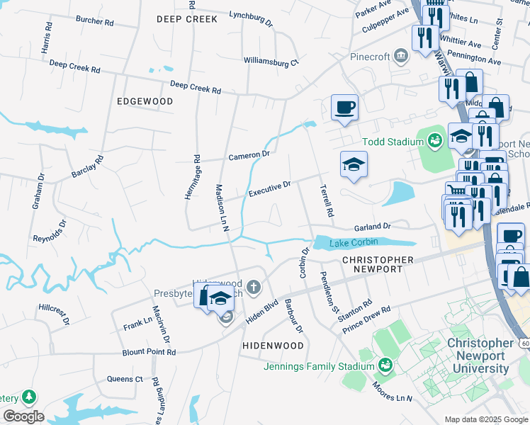 map of restaurants, bars, coffee shops, grocery stores, and more near 13 Walnut Grove in Newport News