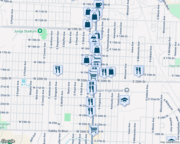 map of restaurants, bars, coffee shops, grocery stores, and more near 1831 South Joplin Avenue in Joplin