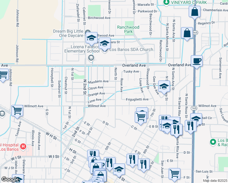 map of restaurants, bars, coffee shops, grocery stores, and more near 450 Orange Avenue in Los Banos