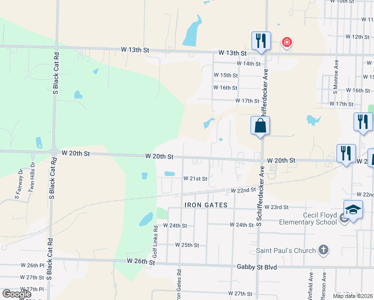 map of restaurants, bars, coffee shops, grocery stores, and more near 1915 Iron Gates Road in Joplin