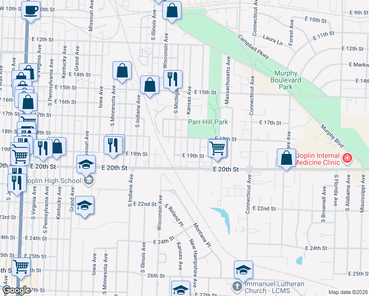 map of restaurants, bars, coffee shops, grocery stores, and more near 1816 Kansas Avenue in Joplin