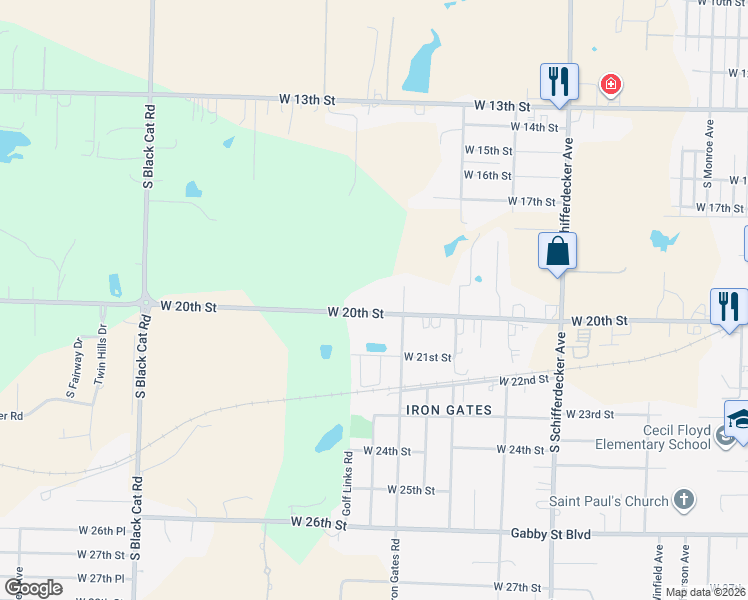 map of restaurants, bars, coffee shops, grocery stores, and more near 1915 Iron Gates Road in Joplin