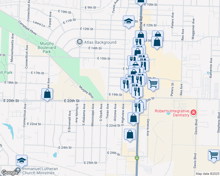 map of restaurants, bars, coffee shops, grocery stores, and more near 2802 East 18th Street in Joplin