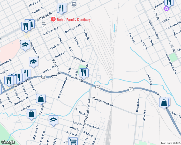 map of restaurants, bars, coffee shops, grocery stores, and more near 827 Old Mayfield Road in Paducah
