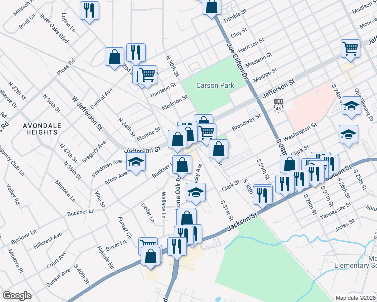 map of restaurants, bars, coffee shops, grocery stores, and more near 101 Labelle Street in Paducah